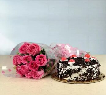 8 Pink Roses And Chocolate Cake Combo