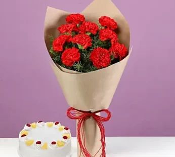 10 Red Carnations & Pineapple Cake