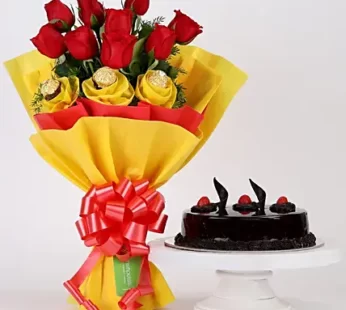 Chocolaty Red Roses & Truffle Cake Combo