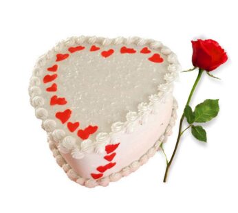 Heart Shape White Forest Cake And Single Red Rose