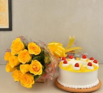 Sweet Yellow Roses and Cake Combo