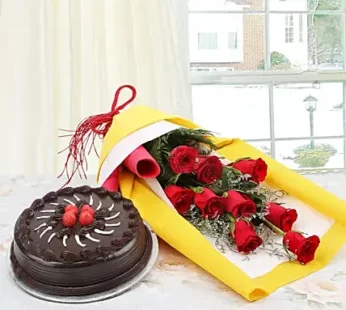 Truffle Cake and Red Roses Bouquet