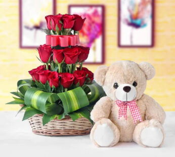 30 Red Roses in Basket with Teddy