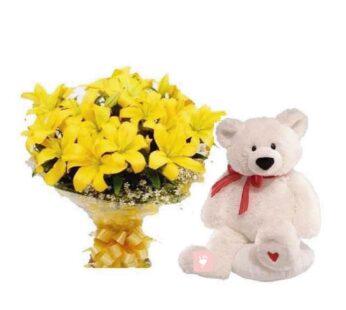 A bunch of 10 yellow lilies and (6 inches)cute teddy bear