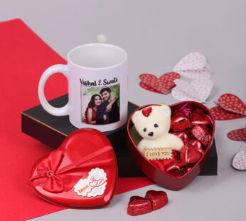 Adorable Teddy With Personalized Mug And Chocolates