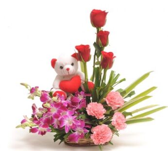 Basket Arrangement Flowers n Teddy