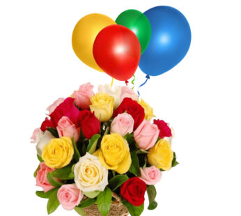 Basket of Mixed Roses with balloon