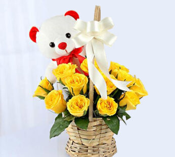 Basket of Yellow Roses with Teddy