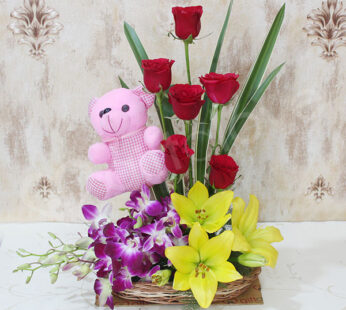 Mixed Flowers With teddy bear