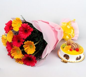 Mixed Gerbera and Fruit Cake