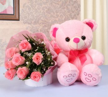 Pink roses with teddy bear