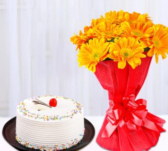 Yellow Gerberas With Cake