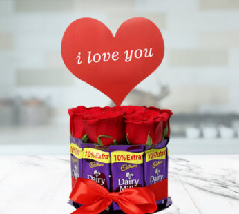 Red Roses in Glass Vase & Dairy Milk Love Arrangement