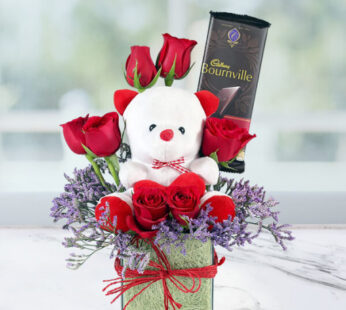 Vase of Roses with Teddy