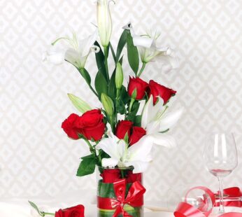 white lily and red Rose with vase