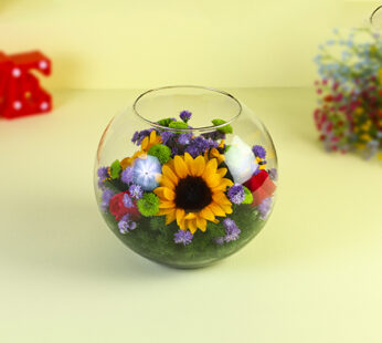 Roses and Sun Flower in Fishbowl Vase