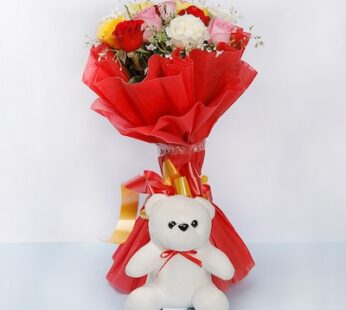 Mixed Roses With Teddy Bear