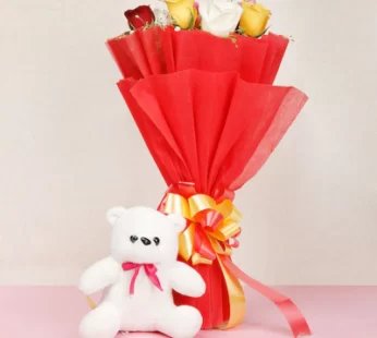 10 Mixed Roses And Small White Teddy Bear