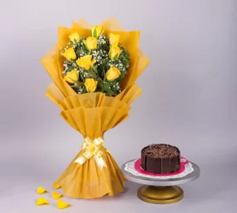 Sunlit Yellow Roses Bouquet And Blackforest Cake Combo