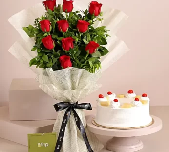 Elegant Vibe Red Roses Bouquet & Pineapple Cake