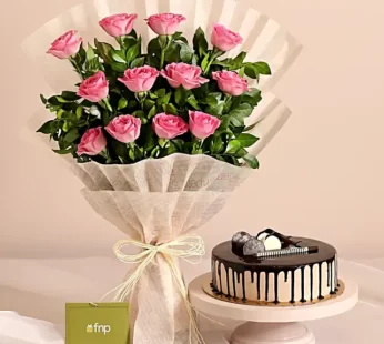 Sweet Memories Pink Roses Bouquet & Chocolate Cake